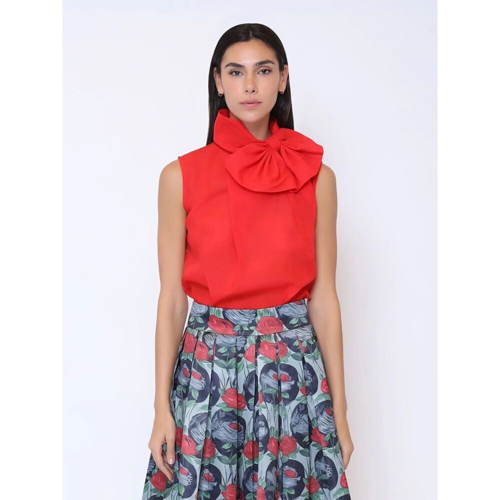 NWT Gracia Red Chiffon Ribbon Bow Sleeveless Organza Top Size M